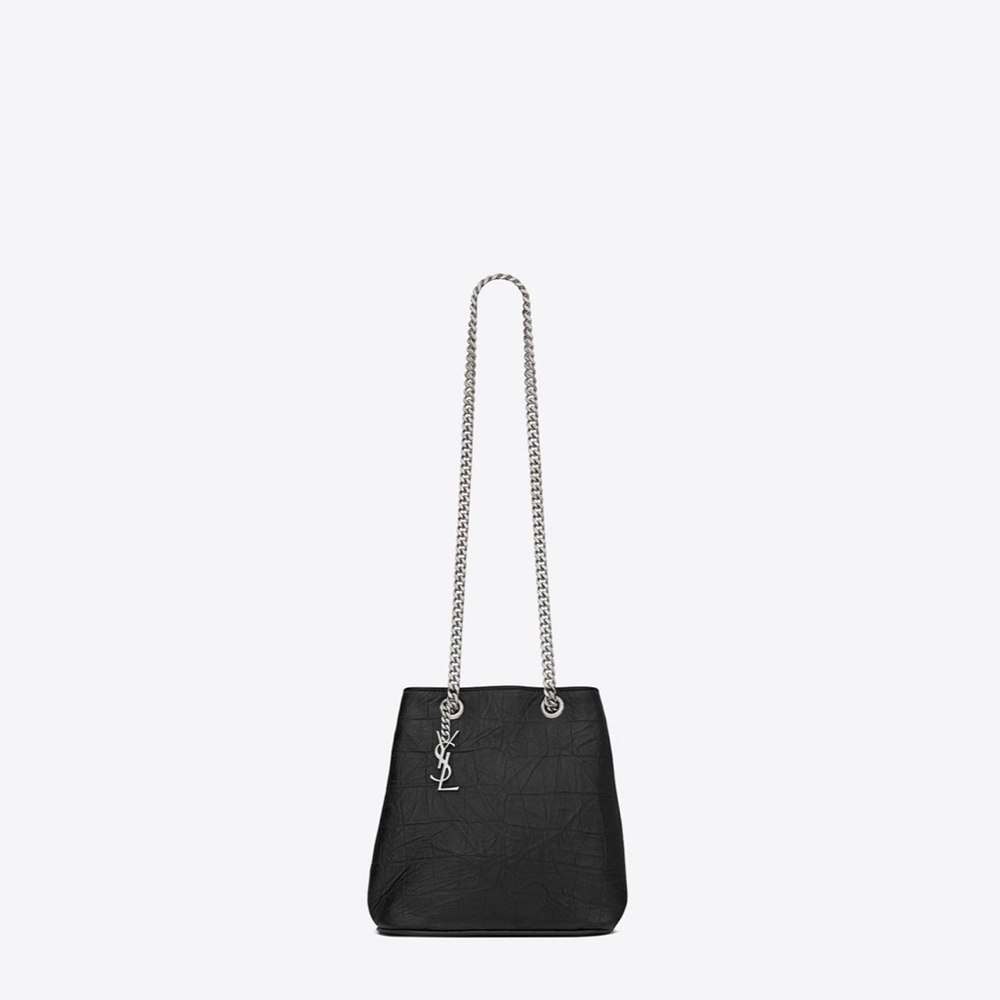 YSL BABY EMMANUELLE CHAIN BUCKET BAG IN BLACK CROCODILE EMBOSSED LEATHER